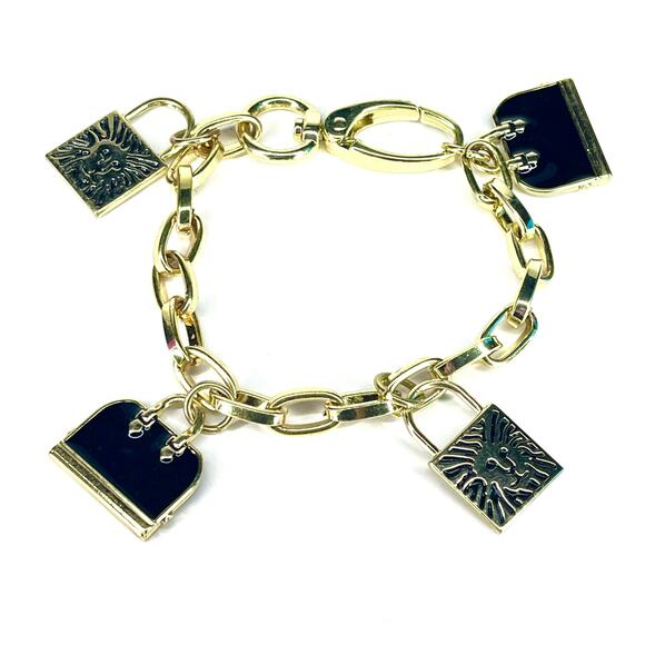 VTG Anne Klein CHARM BRACELET Black Enameled Handbag & Lion Logo Locket Bar Link - Picture 2 of 6